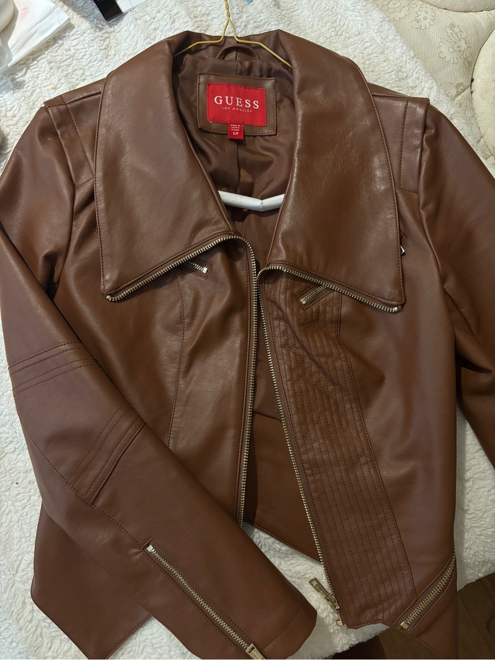 GUESS Brown Faux Leather Moto Jacket with Quilted Panel